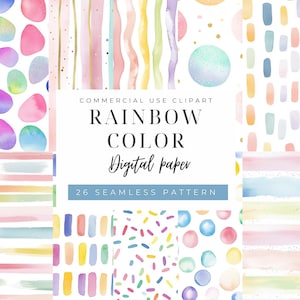 以下が含まれることがあります： 虹色のテーマの、水彩デジタルペーパーのコレクション。デザインには、パステルカラーの筆致、ストライプ、斑点のあるテクスチャなど、さまざまなパターンが含まれています。「RAINBOW COLOR Digital paper 26 SEAMLESS PATTERN」と書かれています。