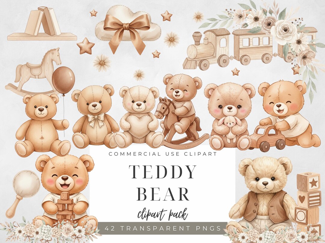 Watercolor Teddy Bear Clipart Set: Brown & Beige Nursery Decor (PNG) - Etsy