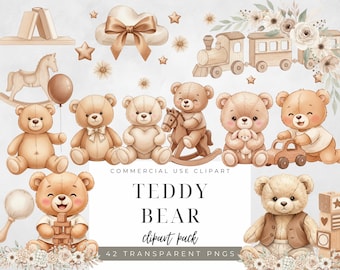 Puede incluir: Ilustración en acuarela de osos de peluche y juguetes en tonos marrones y beige. Incluye osos de peluche, un balancín, un tren, una nube con un lazo y el texto "TEDDY BEAR clipart pack".