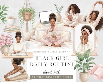 May include: A watercolour illustration depicting a Black woman's daily routine, including scenes of self-care, journaling, and relaxation. The image features a laptop, books, plants, and the text "BLACK GIRL DAILY ROUTINE clipart pack".
