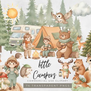 May include: A watercolour illustration depicting a camping scene with cartoon characters and animals. The image features a tent, camper van, campfire, and forest creatures. Text reads "little Campers" and "76 Transparent PNGs".