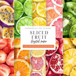 May include: A digital paper design featuring watercolor illustrations of various sliced fruits, including passion fruit, lime, lemon, grapefruit, kiwi, and more. The design includes the text "SLICED FRUIT Digital paper 22 SEAMLESS PATTERN".