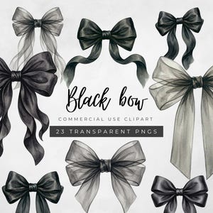 以下が含まれることがあります： 様々なスタイルの黒いリボンの水彩イラスト。いくつかのリボンは黒一色で、他のリボンは半透明です。「Black bow」と「Commercial Use Clipart」の文字も表示されています。