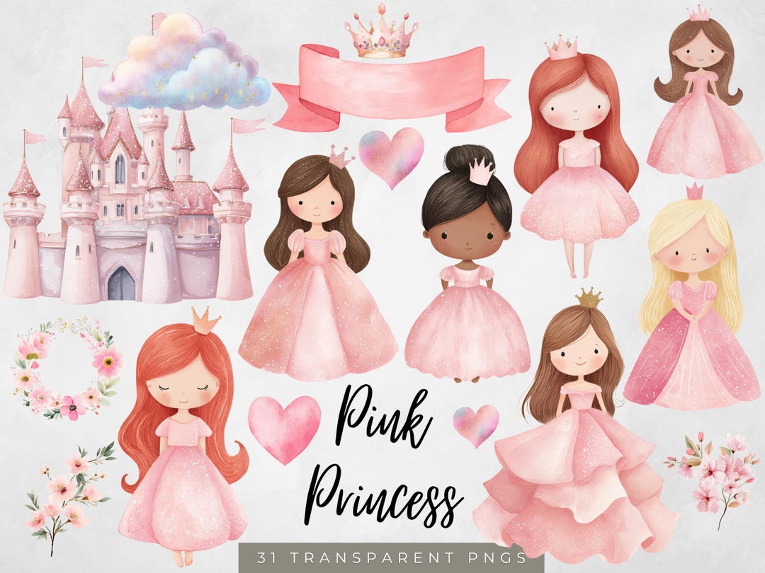 Pink Princess Clipart Set, Watercolor Princess Birthday Invitation ...