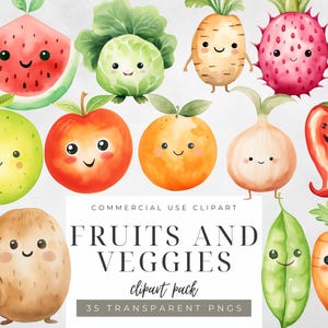 Cute Fruits and Vegetables Watercolor Clipart Bundle Kawaii Food Illustrations Nursery Kitchen Art Kids Fruit Veggie PNG