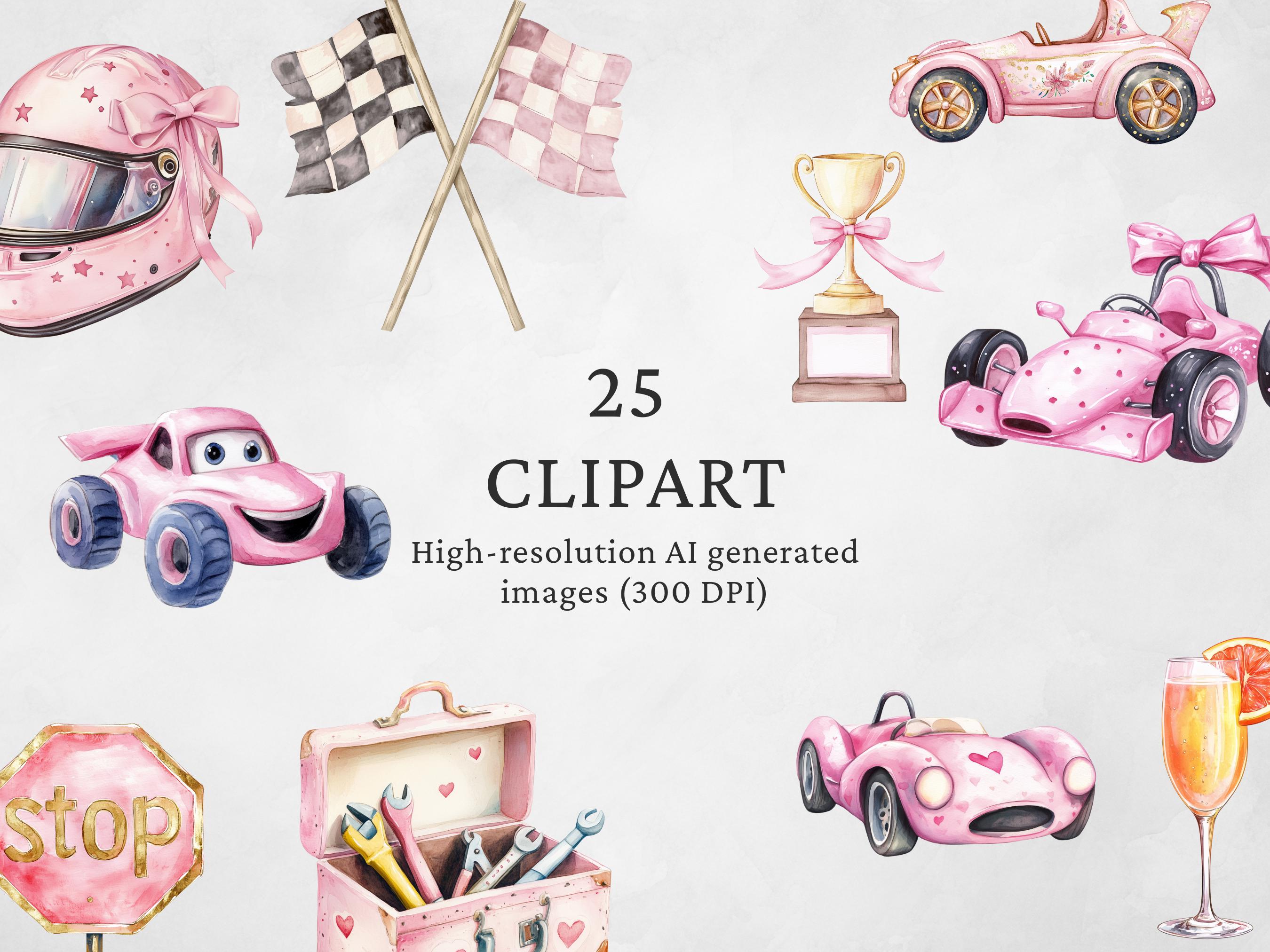 Pink Race Car Watercolor Clipart: Pastel Racing Theme (PNG Digital ...