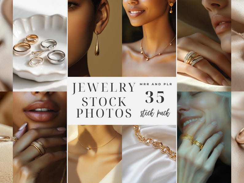 K&ouml;nnte beinhalten: Eine Collage aus Bildern, die verschiedene Schmuckst&uuml;cke zeigen, darunter Ringe, Halsketten, Ohrringe und Armb&auml;nder. Die Bilder zeigen Nahaufnahmen des Schmucks an Models und heben die Details und Texturen hervor. Der Text "Jewelry Stock Photos 35 Stock Pack" wird in der Mitte der Collage angezeigt.