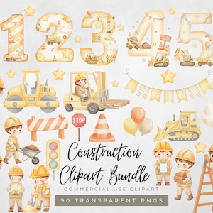 May include: A watercolour construction clipart bundle with illustrations of construction workers, vehicles, and tools. Includes numbers 1-5, a stop sign, traffic cone, and balloons. The text "Construction Clipart Bundle" is also included.
