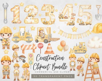 Könnte beinhalten: Aquarell-Konstruktions-Cliparts-Bundle mit Illustrationen von Bauarbeitern, Fahrzeugen und Werkzeugen. Enthält die Zahlen 1-5, ein Stoppschild, einen Verkehrskegel und Luftballons. Der Text "Construction Clipart Bundle" ist ebenfalls enthalten.