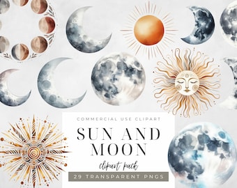May include: Watercolor clipart pack featuring celestial elements. Includes suns, moons, and phases of the moon in shades of gold, blue, and brown. The text "SUN AND MOON clipart pack" is displayed.