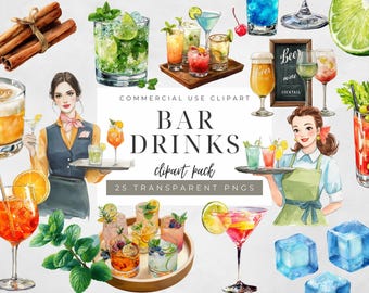 Watercolor Cocktail Clipart Set: Bar Drinks PNG (Digital Download)