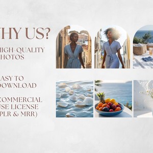 May include: A collage of images showcasing the benefits of using a stock photo website. The images include a woman walking down a street, seashells in the water, a bowl of fruit, and a vase with flowers.