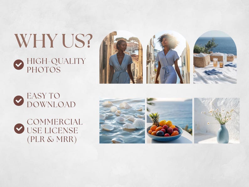 May include: A collage of images showcasing the benefits of using a stock photo website. The images include a woman walking down a street, seashells in the water, a bowl of fruit, and a vase with flowers.