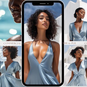 May include: A woman wearing a light blue satin dress with a plunging neckline. The dress has a wrap style and is cinched at the waist. The woman has long, dark hair and is wearing minimal makeup. The background is a white wall with a blue sky.