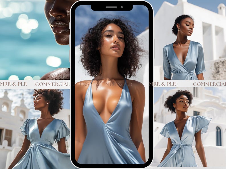 May include: A woman wearing a light blue satin dress with a plunging neckline. The dress has a wrap style and is cinched at the waist. The woman has long, dark hair and is wearing minimal makeup. The background is a white wall with a blue sky.