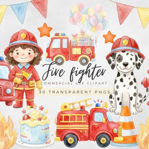 以下が含まれることがあります： 消防士をテーマにした水彩イラスト。消防士、消防車、ダルメシアン犬、消火栓、炎、トラフィックコーン、バースデーケーキが含まれています。「Fire fighter」と「Commercial Use Clipart」の文字も表示されています。