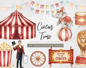 Circus Clipart, Watercolor Circus PNG Bundle, Cute Circus Animals Carnival Birthday Clipart, Nursery Watercolor Art, Circus Elements PNG