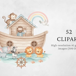 K&ouml;nnte beinhalten: Aquarell-Illustration der Arche Noah mit Tieren, einem Regenbogen und dem Text "52 Clipart". Die Arche ist braun mit blauem Dach, die Tiere sind Elefant, Zebra und L&ouml;wen. Hochaufl&ouml;sende Bilder.