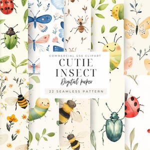 May include: A collection of digital paper patterns featuring watercolor illustrations of insects, including ladybugs, butterflies, bees, and caterpillars. The patterns are set against a cream background with leaves and flowers. The text "CUTIE INSECT Digital paper" is displayed.