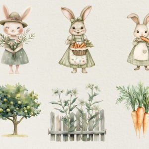 Pu&ograve; includere: Tre illustrazioni ad acquerello di coniglietti in abiti verdi. Un coniglietto tiene un mazzo di fiori, un altro tiene un cestino di carote e il terzo tiene una carota. Ci sono anche illustrazioni di un albero con foglie verdi e frutti gialli, una recinzione con piante verdi e un mazzo di carote con foglie verdi.