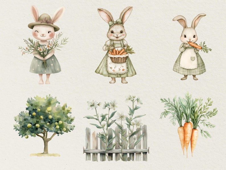 Pu&ograve; includere: Tre illustrazioni ad acquerello di coniglietti in abiti verdi. Un coniglietto tiene un mazzo di fiori, un altro tiene un cestino di carote e il terzo tiene una carota. Ci sono anche illustrazioni di un albero con foglie verdi e frutti gialli, una recinzione con piante verdi e un mazzo di carote con foglie verdi.