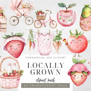Clipart de shower de bébé cultivé localement pour les filles, aquarelle rose des cliparts fruits et légumes, mignon bébé produit Clip Art, graphiques pour bébé fille ferme