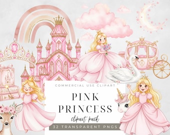 Ensemble de cliparts princesse aquarelle : oeuvre d'art pour chambre d'enfant de conte de fées (Téléchargement PNG)