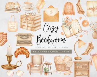 Gemütliches Bücherwurm Clipart-Set, Aquarell Bücher, Bücherstapel, Herbstästhetische Clipart, Warmer Cottagecore Clipart für Buchliebhaber