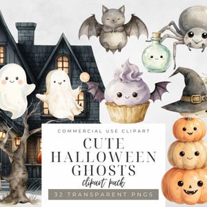 Könnte beinhalten: Aquarell-Clipart-Paket mit niedlichen Halloween-Illustrationen. Enthält ein Spukhaus, Geister, Fledermäuse, eine Spinne, einen Cupcake, einen Zaubertrank, einen Hexenhut, einen Besen und gestapelte Kürbisse. Der Text lautet "CUTE HALLOWEEN GHOSTS clipart pack".