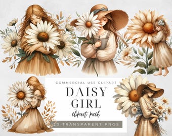 May include: Digital clipart pack of four illustrations featuring girls with daisies. The girls are wearing dresses and hats, and the daisies are large and white with yellow centers. The illustrations are in a watercolor style and have a vintage aesthetic.