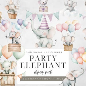 Watercolor Elephant Clipart: Baby Birthday Balloons PNG (Digital Download)
