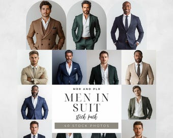 Può includere: Un collage di 10 foto che mostrano uomini che indossano abiti in vari colori e stili. Il testo "MRR AND PLR MEN IN SUIT stock pack 40 STOCK PHOTOS" è visualizzato nella parte inferiore del collage.