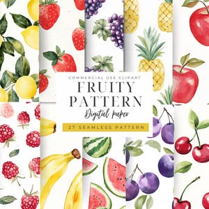 May include: A collection of watercolor fruit patterns, including lemons, strawberries, grapes, pineapples, apples, kiwi, raspberries, bananas, watermelon, plums, and cherries. The text "FRUITY PATTERN Digital paper" is displayed.