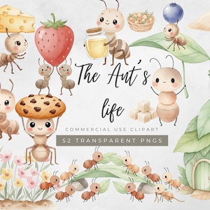 May include: Watercolor illustration titled "The Ant's Life" featuring cartoon ants with food items like cheese, a strawberry, and a cookie. Includes text "Commercial Use Clipart" and "52 Transparent PNGs".