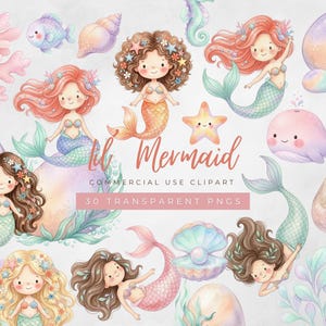 Set di clipart di sirene, simpatiche grafiche di sirenette e code di sirena, animali marini dai colori pastello, personaggi sottomarini, elementi marini per la cameretta dei bambini.