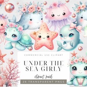 Pacchetto di clipart per ragazze sotto il mare, acquerello, animali dell'oceano, PNG, cucciolo di balena, delfino, tartaruga, medusa, stella marina, decorazioni per bambini con vita marina e compleanno