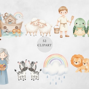 K&ouml;nnte beinhalten: Aquarell-Cliparts mit Illustrationen von Noah mit der Arche, Tieren wie L&ouml;wen, Zebras und Schafen, einem Regenbogen und anderen biblischen Figuren. Das Set enth&auml;lt 52 einzelne Clip-Art-Elemente.