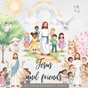 Könnte beinhalten: Aquarellillustration mit Jesus und Kindern, mit Regenbogen, Taube und Lamm. Das Bild enthält den Text "Jesus and friends" und eine Vielzahl farbenfroher Elemente, darunter Schmetterlinge und Blumen.