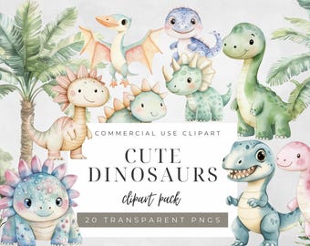 Pacchetto di clipart di dinosauri ad acquerello, dinosauro per la decorazione della cameretta dei bambini, clipart di dinosauri carini per inviti di compleanno