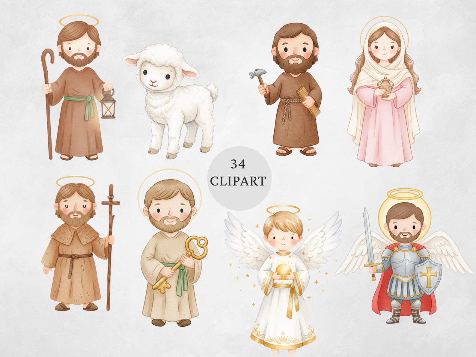 Watercolor Saints Clipart Bundle, Cute Bible Characters PNG, Christian ...
