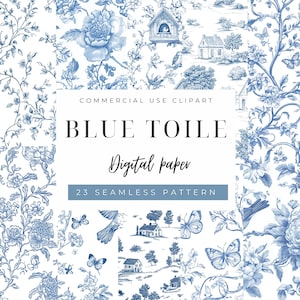 May include: Digital paper featuring a blue toile design with floral, bird, and butterfly motifs. The image includes the text "BLUE TOILE" and "Digital paper" with "23 SEAMLESS PATTERN" below. The design is suitable for commercial use.