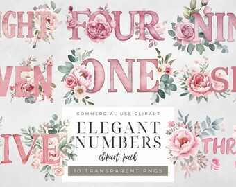 Watercolor Floral Number Clipart: Elegant Wedding Birthday PNG (Digital Download)