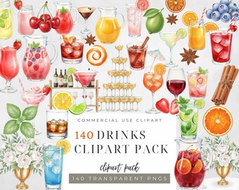 Watercolor Drinks Clipart Bundle: Cocktails, Mocktails, Juices (PNG)