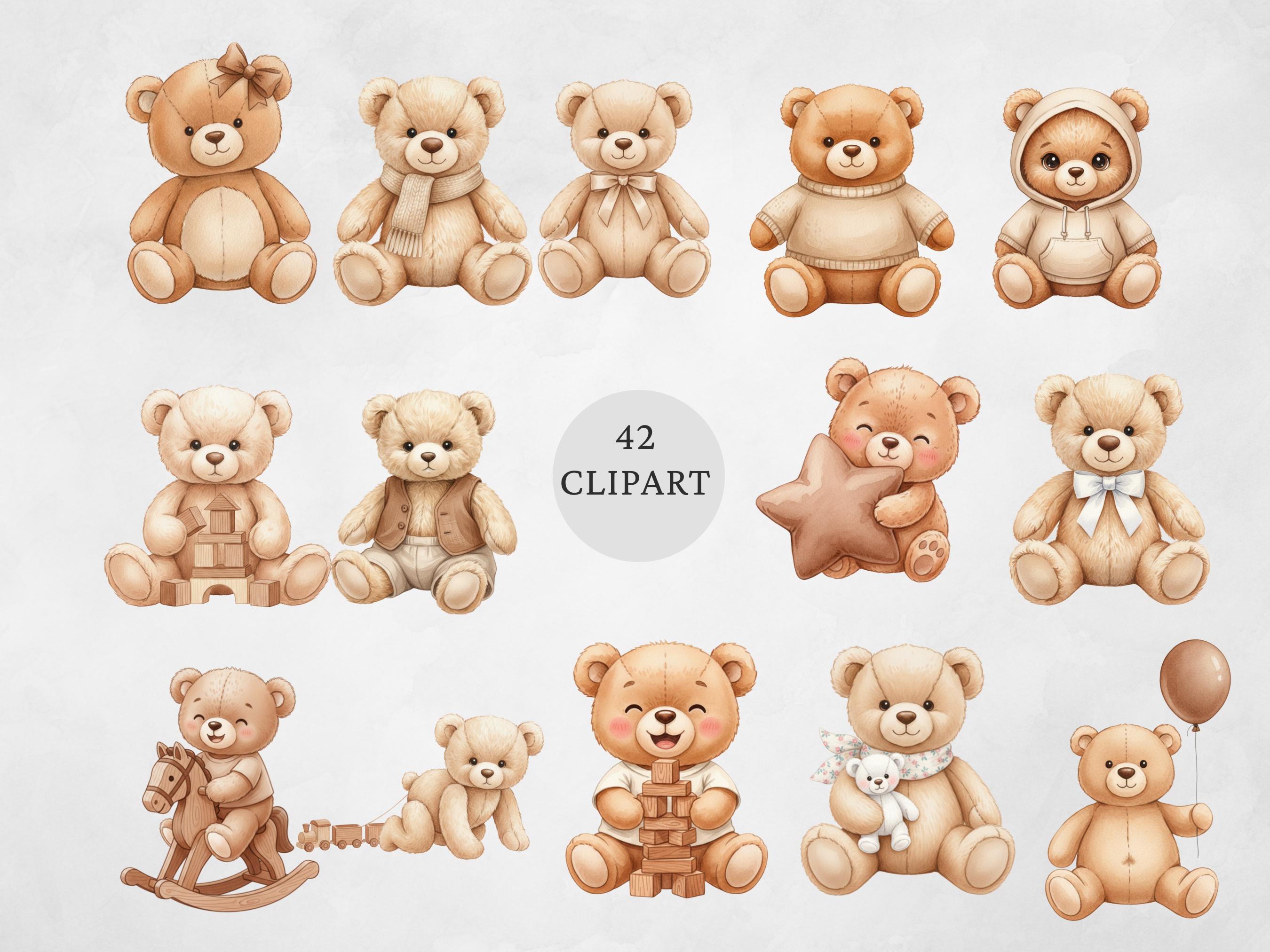 Watercolor Teddy Bear Clipart Set: Brown & Beige Nursery Decor (PNG) - Etsy