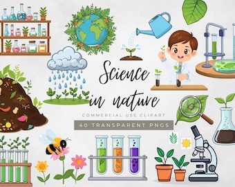 Puede incluir: Ilustración colorida con temática de ciencia y naturaleza. Presenta tubos de ensayo, plantas, un microscopio, un globo terráqueo y el texto "Science in nature".