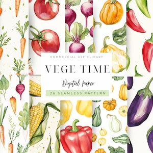 Puede incluir: Papel digital de acuarela con una variedad de verduras, incluyendo zanahorias, tomates, rábanos, calabazas, pimientos, brócoli y repollo. El texto "VEGE TIME" y "Digital paper" también son visibles. 26 patrones sin costuras.