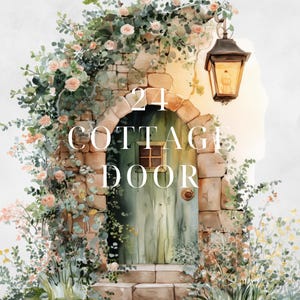 Op de afbeelding: Waterverfillustratie van een huisdeur met de tekst "24 COTTAGE DOOR". De groene deur staat in een stenen boog, omringd door klimplanten en bloemen. Boven hangt een lantaarn.