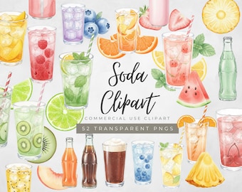 Soda Clipart, Watercolor Soda in Glass PNG, Fruit Soda Clipart Bundle | Summer Drink Clipart, Watercolor Beverage Illustration, Drink PNG