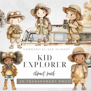 Paquete de imágenes prediseñadas de acuarela para niños: lindos artículos de campamento y elementos naturales para la decoración y manualidades de la guardería.