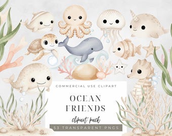 Aquarell Ozean Clipart: Unterwasser Tiere (PNG)
